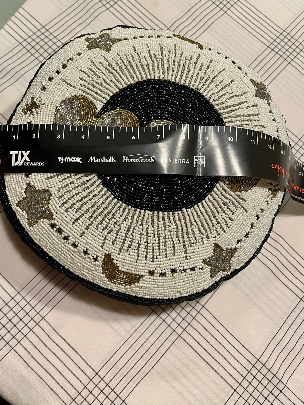 Round FULLY BEADED Moon Phase Pillow in Black, White & Gold CELESTIAL DECOR